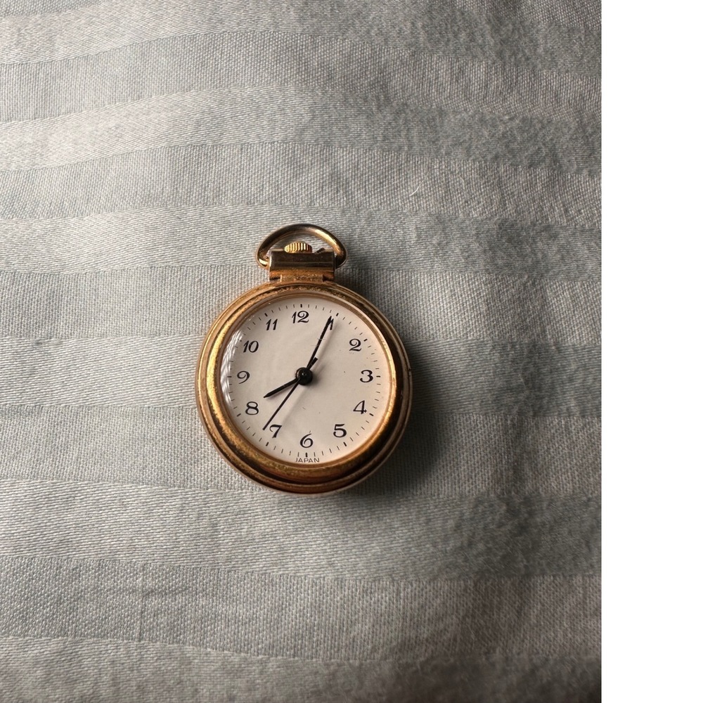 Vintage Gold Tone Pocket Watch Etched Filigree Back Japan Movement White Dial